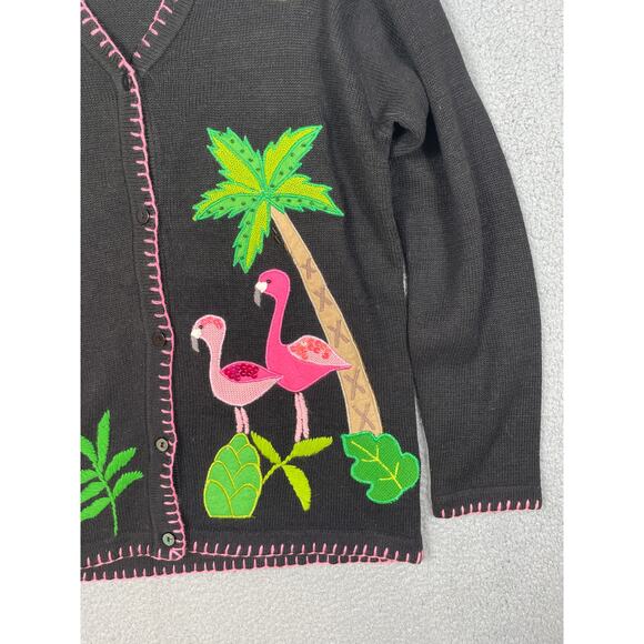 The Quacker Factory Black Cardigan Sweater with Flamingos Palm Trees Size S - Picture 9 of 11